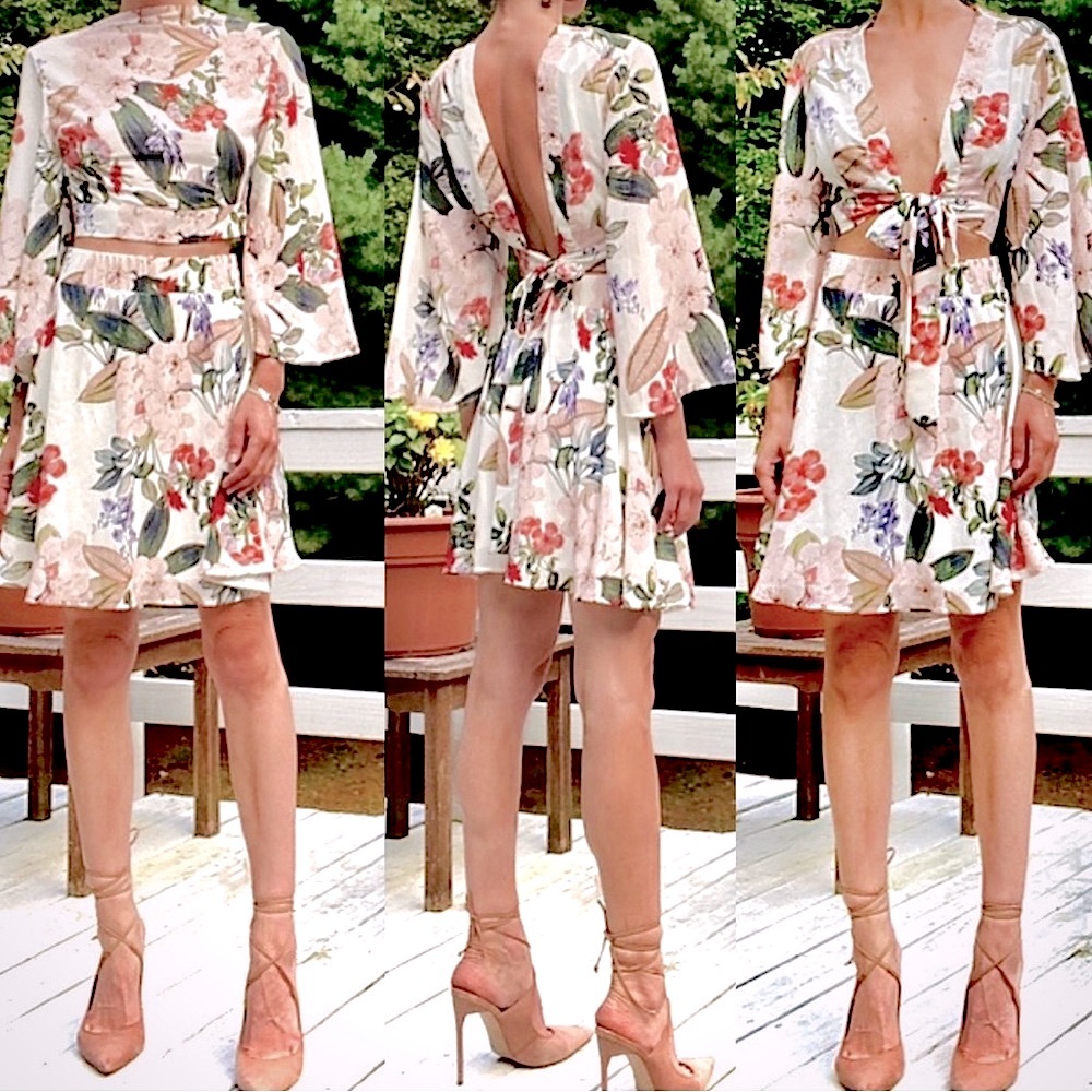 Show Me Your MuMu Floral Tie-Front Mini Skirt Set in Blush and Green